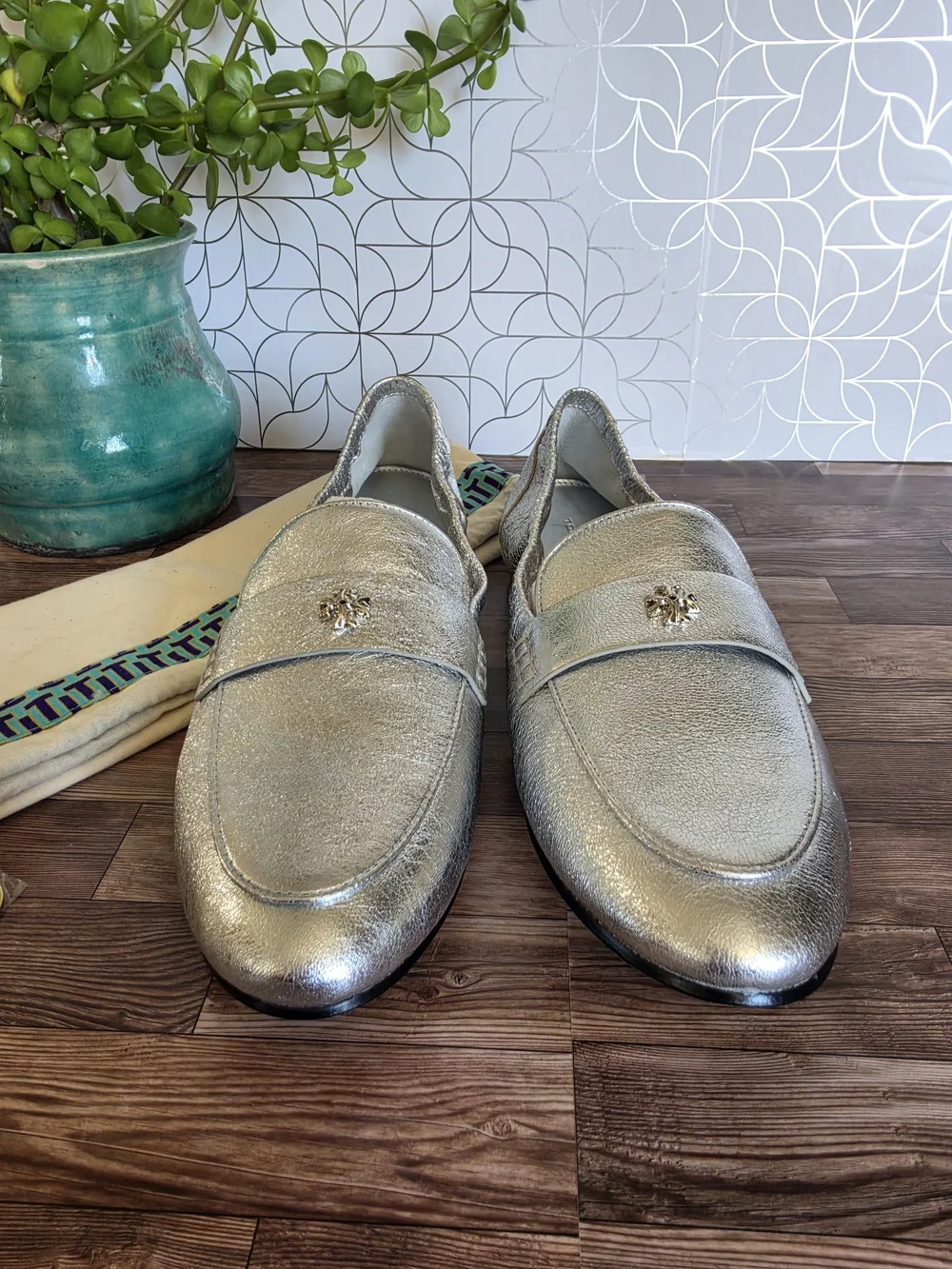 Tory Burch Metallic Silver Penny Loafers